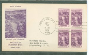 US 774 1935 3c Dedication of the Boulder Dam (block of four) on an addressed (typed) FDC with a Rice cachet