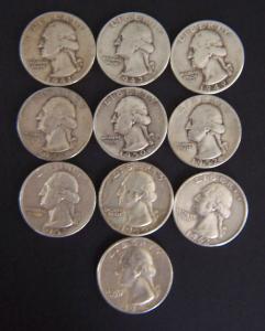 10 Different Silver Washington Quarters, 1941D to 1964