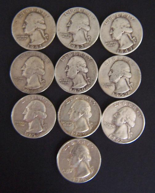 10 Different Silver Washington Quarters, 1941D to 1964