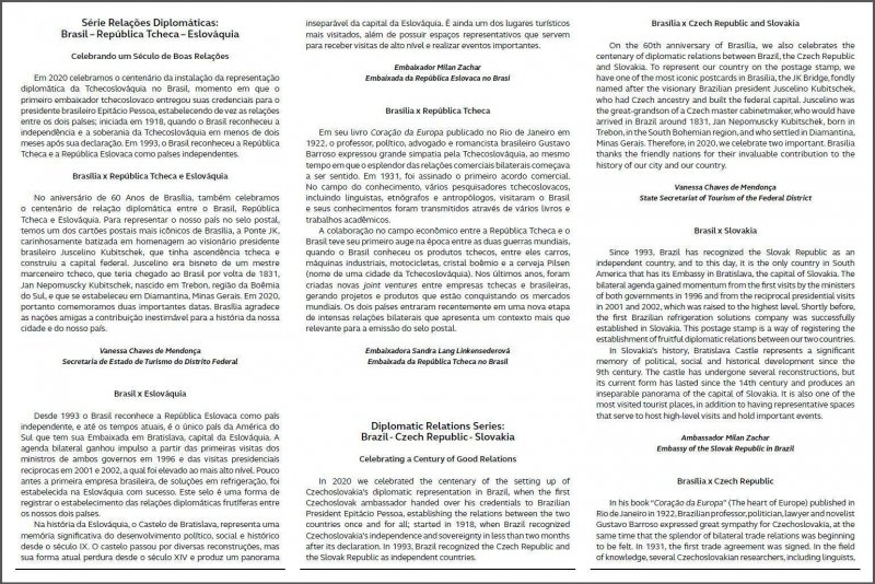 20-07 BRAZIL 2020 RELATIONS CZECH REPUBLIC AND SLOVAKIA, BRIDGES, MNH + BROCHURE