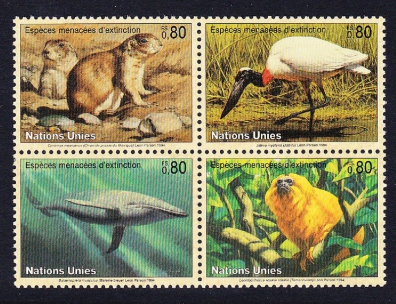 UN Geneva Prairie Dog Whale Golden Langur Jabiru Bird 4v Block 2*2 1994 MNH