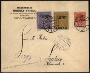 Austria 1918 Imperial Vienna First Airmail Issue Mi225-6 Flugpost Cover L 105387