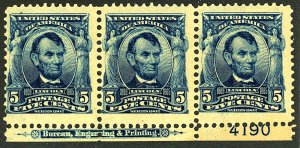 U.S. #304 MINT PL# STRIP OF 3 OG HR