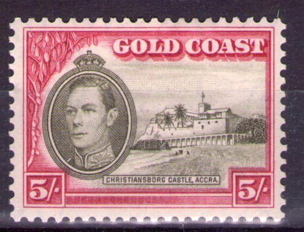 GOLD COAST  GEORGE VI 5/- SG131  12 perf.  lightly hinged condition.Cat.£100.