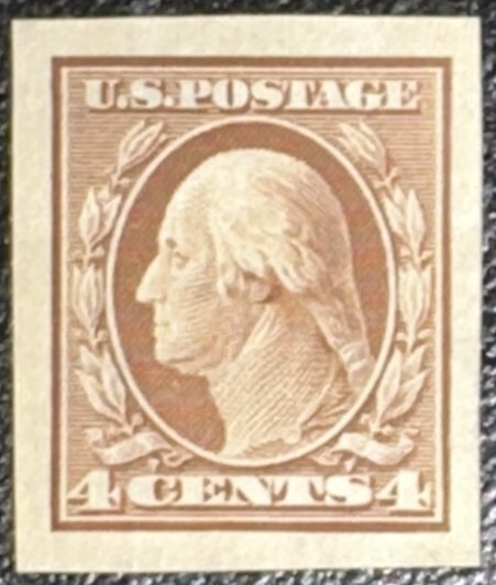 Scott #346 1909 4¢ Washington DL watermark imperforate unused hinged XF cent.