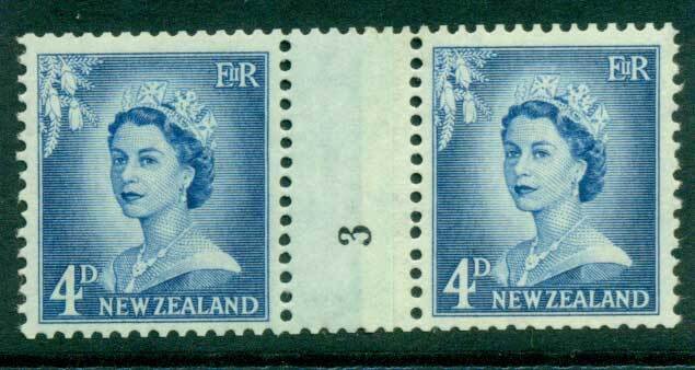 New Zealand 1958 QEII Redrawn 4d Ultramarine Coil Join #3 Upwards MH/MUH Lot2...