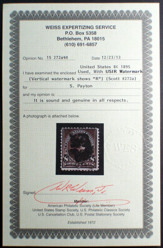 Scott #272a Violet Brown Sherman USIR Watermark Error with Cert - 1895