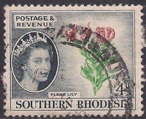 Southern Rhodesia 1953 QE2 4d Flame Lily Used SG 79 ( C1344 )