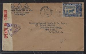 BURMA (P2810B)   1941  CENSORED   KGVI 3A 6P  COW      TO USA