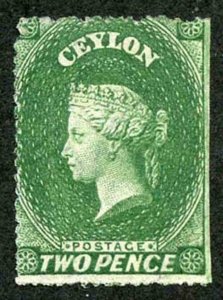 Ceylon SG29 2d green Wmk Star Rough Perf 14 to 15.5 M/MINT cat 475 pounds