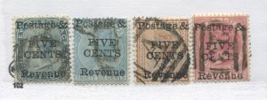 Ceylon QV 1885 4 different values overprinted 5 cents used