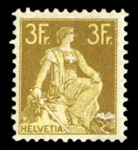 Switzerland #145 Cat$465, 1907 3fr bistre & yellow, well centered, hinged