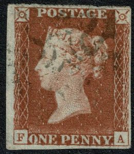 GB 1d red FA Plate 9. Light Maltese cross cancellation.