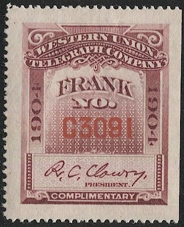 US 1904 Sc 16T35  MLH Western Union Telegraph Co. stamp, Serial #C3091, VF