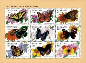 Tanzania 1994 - Butterflies of the World, Flowers - Sheet of 9 Stamps 1243 - MNH