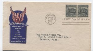 1939 #844 4 1/2 cent prexie pair FDC Ioor cachet [y8698]