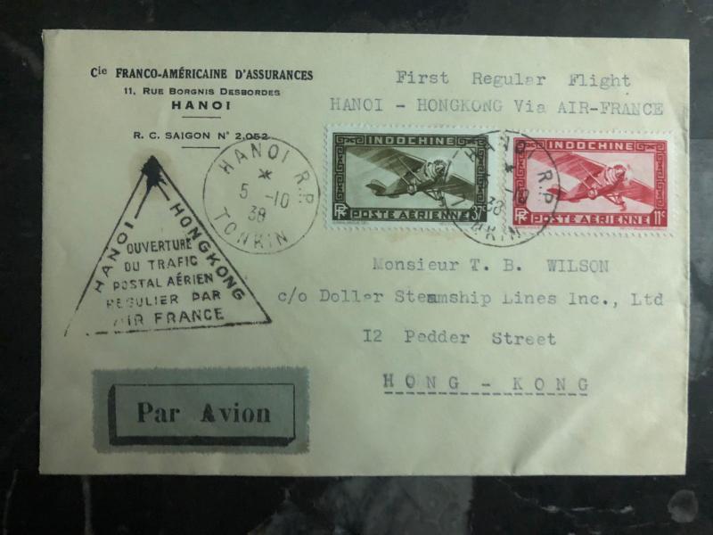 1938 Hanoi Vietnam to Hong Kong FFC First Flight Cover 200 Flown Air France