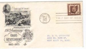 US 1018 (Me-3) 3c Ohio Statehood on FDC Artcraft Cachet ECV $6.00