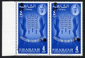 Sharjah 1963 SG41var 40np on 4np in horiz pair OVPT INVERTED UM