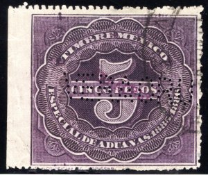 AD 6, MEXICO, 1885-1886, Customs, Aduanas, 5P, VERACRUZ, Perfin, not a princip