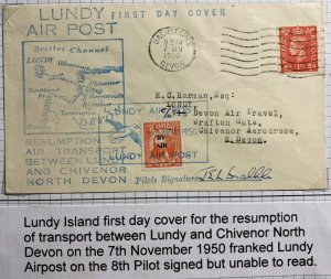 1950 Lundy Channel Island England Airmail First Day Cover To Devon Pilot Signed