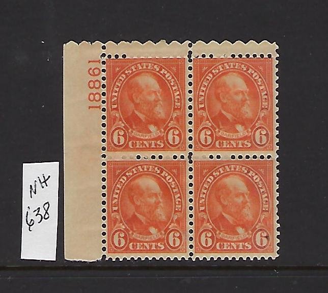 US #638 1926-34 PLATE # BLOCK OF 4 - 6C PERF 11X10 1/2 -MINT NEVER HINGED