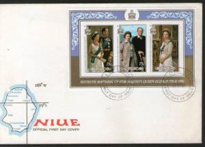 Niue 1986 60th Birthday Elizabeth II Prince Philip Map Sc 513 M/s on FDC # 7821