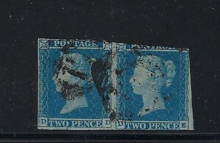 GREAT BRITAIN SCOTT #4 1841 2D BLUE IMPERFORATE PAIR - USED