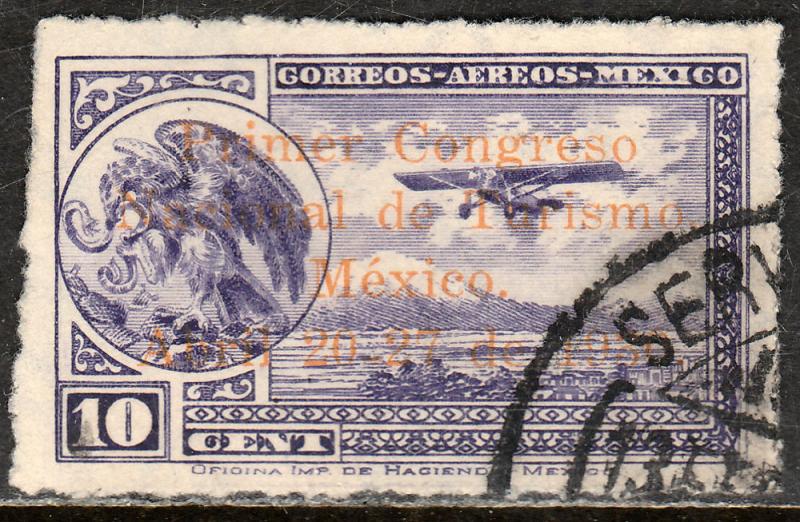 MEXICO C28, 10cts Early Air Mail Plane OVPTD TOURISM CONGRESS USED. F-VF.