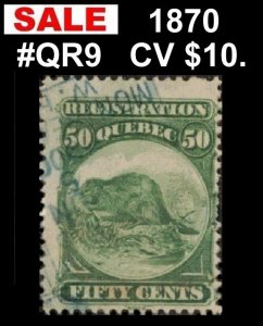 SALE 1870 QUEBEC REVENUE TAX VINTAGE 50c #QR9 BEAVER CV $10.