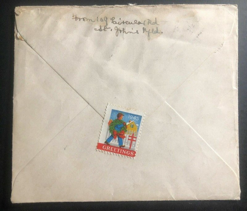 1945 St Johns Newfoundland Cover To Boston Ma USA Christmas Seal