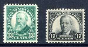 US 1925. Harrison, Wilson 13c & 17c stamps. P11.  Mint LH. Sc#622-623.