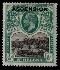 ASCENSION GV SG1, ½d black & green, LH MINT.