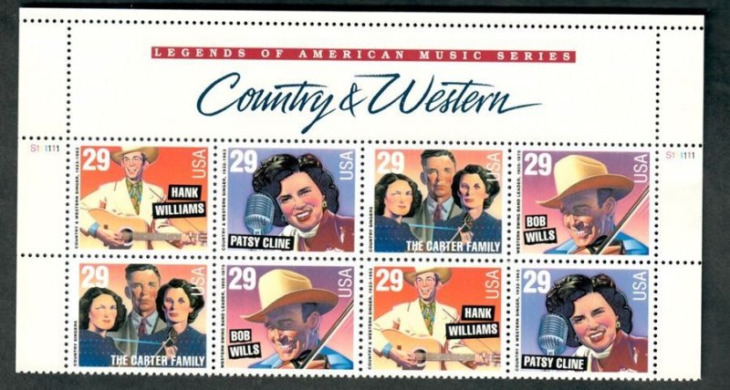 2771 Country Music MNH Top plate block of 8