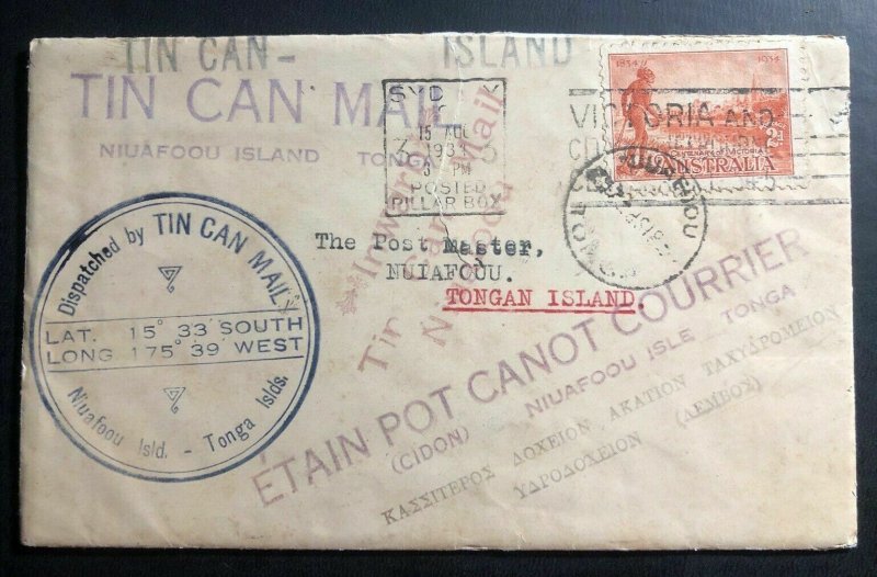 1934 Sydney Australia To Niuafoou Tonga Toga Tin Can Canoe Mail Cover