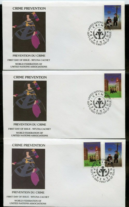 UN 1990 CRIME PREVENTION  WFUNA CACHET BY MANOLO VALDES ON 10 FIRST DAY COVERS 