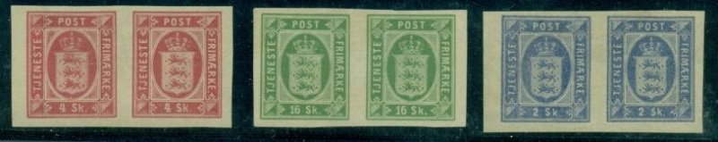 DENMARK #O1-3a 2,4,16sk Officials IMPERFORATE PAIRS, watermarked Debo cert