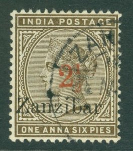 SG 29 Zanzibar 1895-96. 2½ on 1a6p sepia. Very fine used CAT £190 