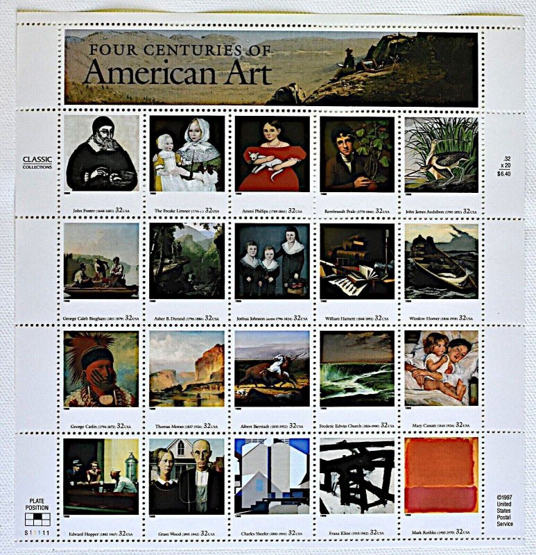 FOUR CENTURIES OF AMERICAN ARTISTS US STAMP SCOTT #3236a-3236t 20 MNH, 1998
