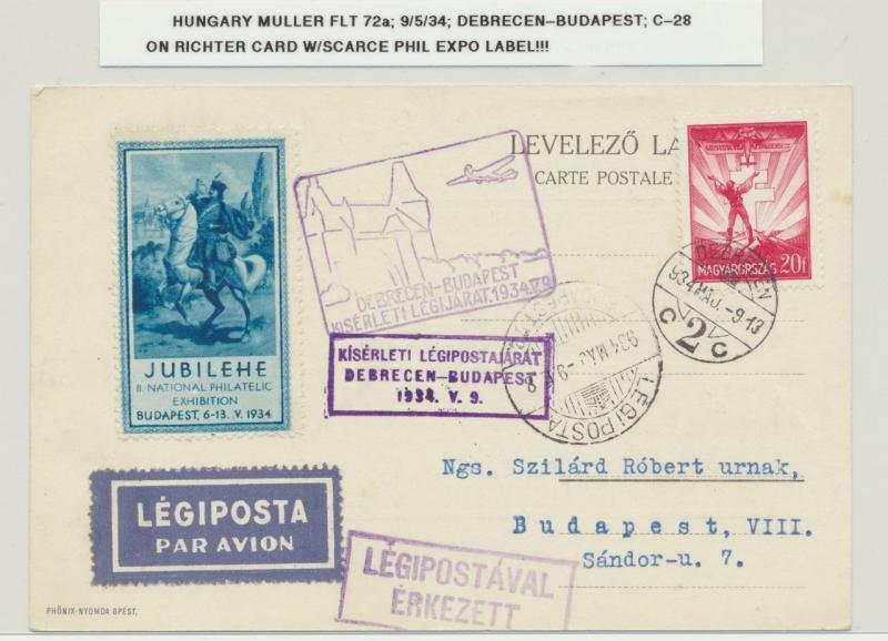 HUNGARY 1934 DEBRECE-BUDAPEST RICHTER FLIGHT CARD+SCARCE PHIL EXPO LABELMu#72a