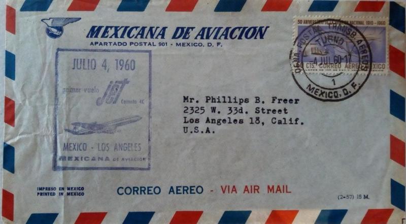 J) 1960 MEXICO, 50th ANNIVERSARY OF THE NATIONAL AVIATION, MAP, AIRMAIL, CIRCULA