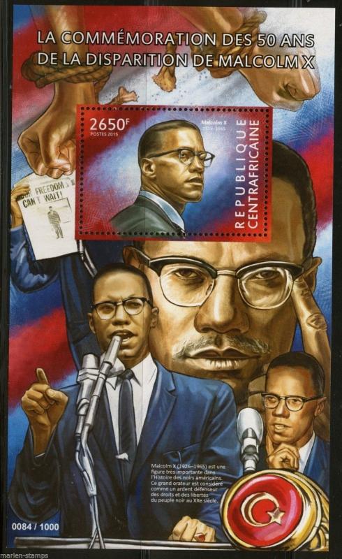 CENTRAL AFRICA 2015 50th MEMORIAL ANNIVERSARY OF MALCOM X SOUVENIR SHEET   NH