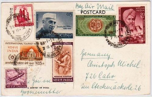 Card Bombay-Germany 28.1.1972 with 7 diff.stamps