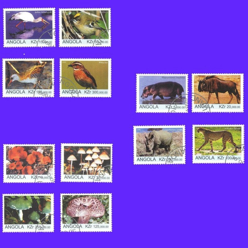 Wildlife Birds Mushrooms Cheetah Angola 1999 3 x Set of 4 cto Cinderellas 