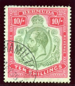 Bermuda 1922 KGV 10s green & red/pale bluish green VFU. SG 54c. Sc 53.