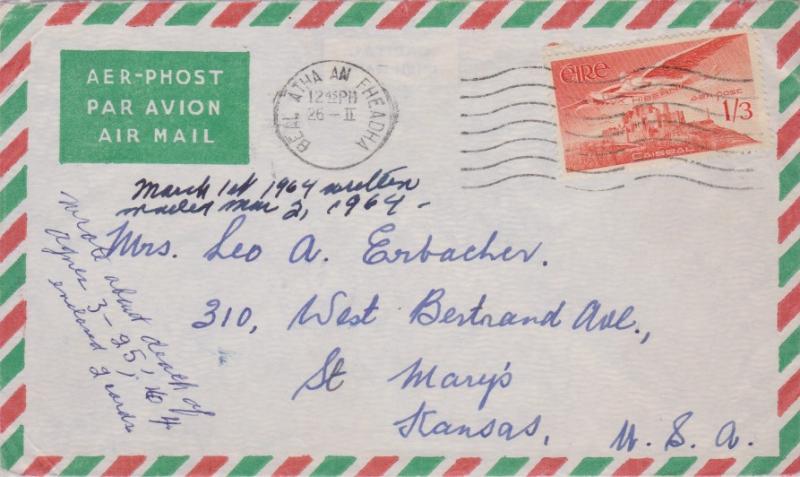 Ireland 1/3 Angel Over Caiseal 1964 Baile Atha Fheadha Airmail to St. Mary's,...