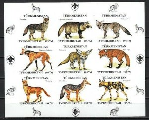 Turkmenistan, 1999 Russian Local. Wild Dogs, IMPERF sheet of 9. Scout logo.