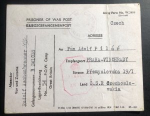 1945 Post WW2 Great Britain England Postcard Cover POW Camp 54 To Prague Czechos