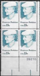 US #1821 MNH Plate Block.  Frances Perkins