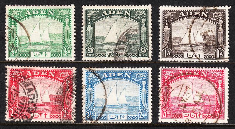 ADEN — SCOTT 1//6 (SG 1//6) — 1937 DHOW ISSUES — USED — SCV $22.00